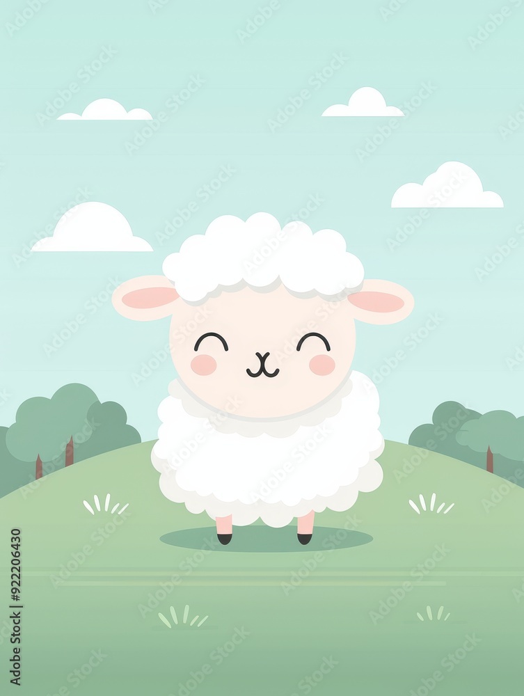 Obraz premium Lamb frolicking under a clear sky, minimalist approach, basic shapes, 2D vector, soft pastel tones