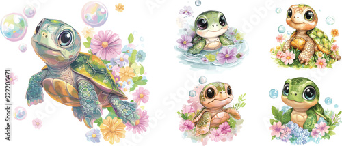 Adorable Baby Turtles with Flowers and Bubbles in Soft Pastel Colors - Watercolor Vector Illustration on White Background