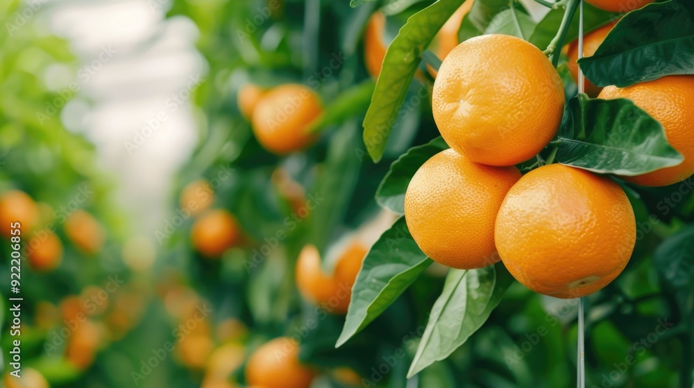 Closeup of ripe fresh orange citrus fruits growing on lush green tree branches in a sunny tropical fruit orchard or plantation Closeup of ripe fresh orange citrus fruits growing on lush green tree branches in a sunny tropical fruit orchard or plantation