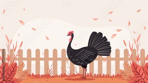 A lone turkey against a backdrop of a yard, minimalistic style, clear and simple design, 2D vector illustration, muted colors photo