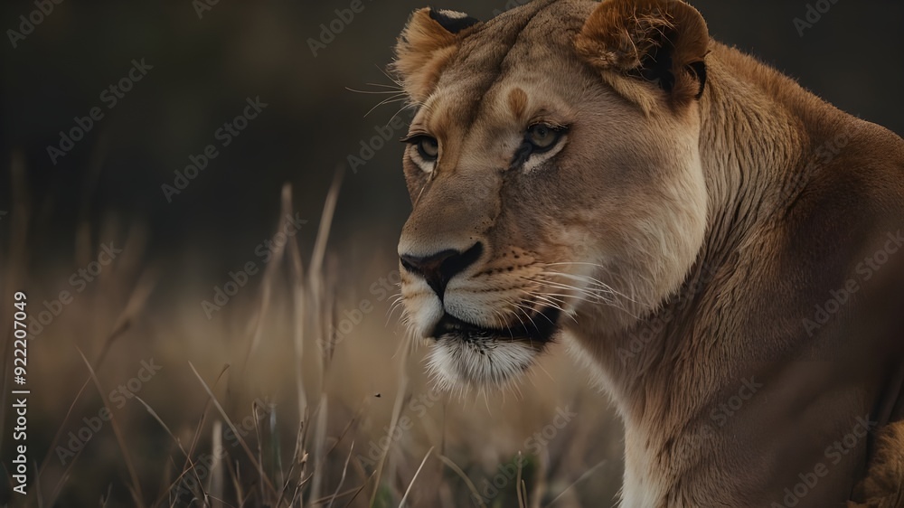 A regal, lioness protecting her pride. lion in the grass A regal, lioness protecting her pride. lion in the grass