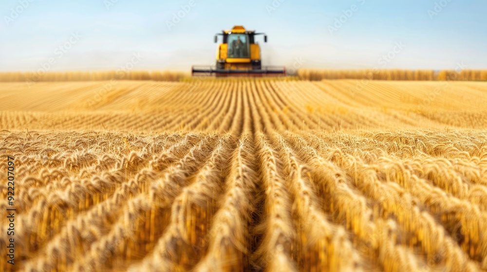 Fototapeta premium A vast and golden wheat field stretches out as far as the eye can see during the height of the harvest season In the distance a tractor is hard at work expertly navigating the rows of ripe