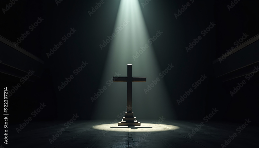 A solitary cross bathed in subtle light within a dark room, representing profound spiritual symbolism and introspection, with ample copy space for contemplative messages. A solitary cross bathed in subtle light within a dark room, representing profound spiritual symbolism and introspection, with ample copy space for contemplative messages.