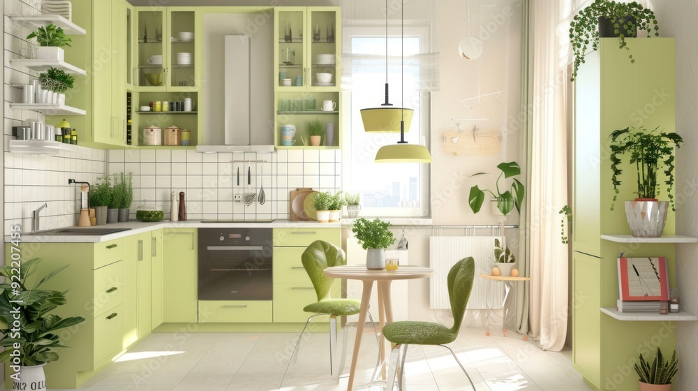 Light and airy green kitchen with dining table and chairs Light and airy green kitchen with dining table and chairs