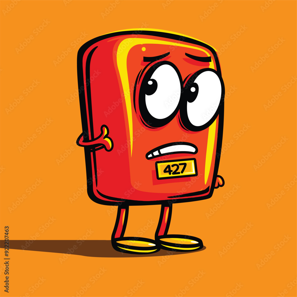 Quirky character with large eyes and red shorts, standing on an orange background.
Quirky character with large eyes and red shorts, standing on an orange background.