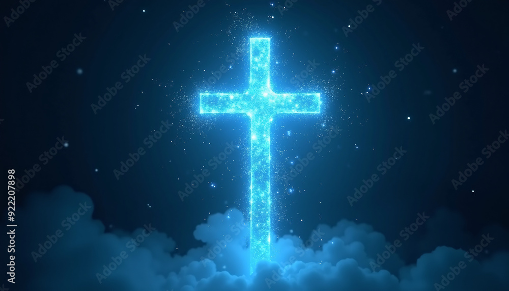An enigmatic blue cross glowing amidst a flurry of digital particles, presenting a modern, symbolic interpretation of religious faith and mysticism. An enigmatic blue cross glowing amidst a flurry of digital particles, presenting a modern, symbolic interpretation of religious faith and mysticism.