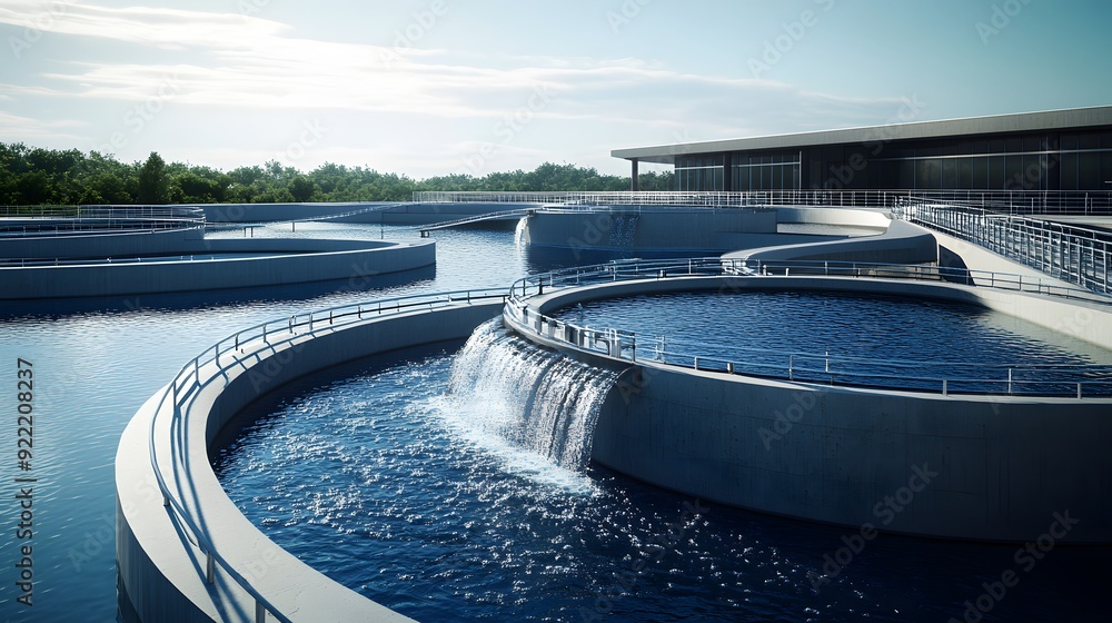 Modern water treatment facility, bright daylight, circular tanks ...