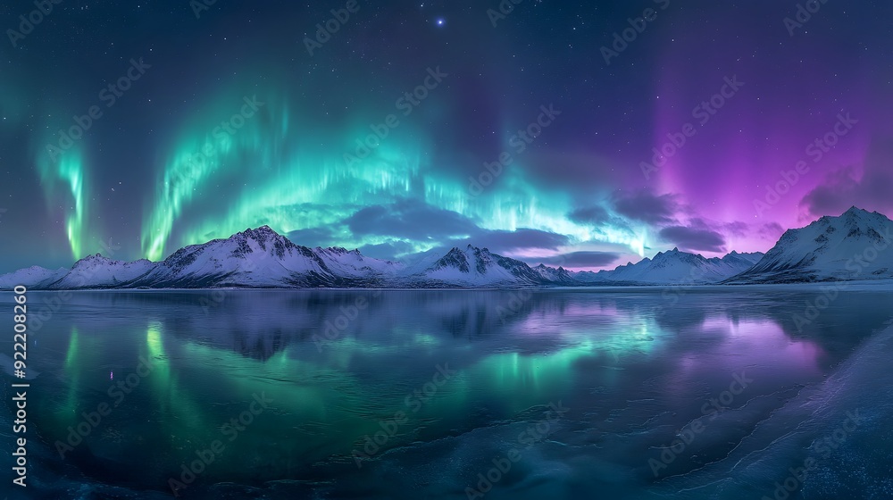 Northern lights over snowy mountain range, vivid green and purple ...