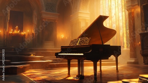 Grand Piano in a Luxurious, Sunlit Cathedral