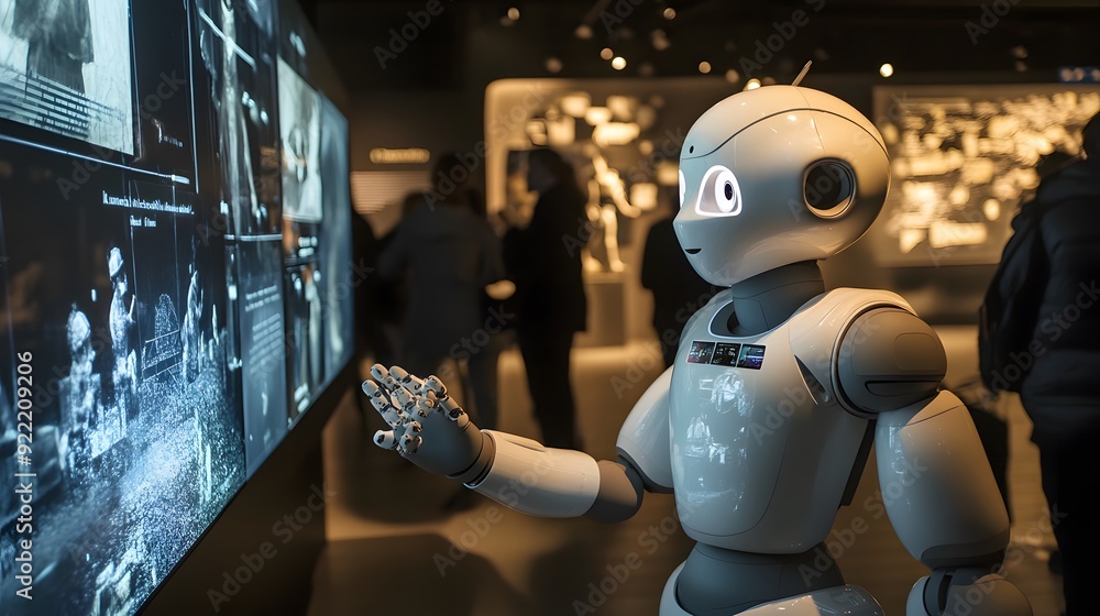 Fototapeta premium Humanoid Robot Exploring a Museum with Interactive Display