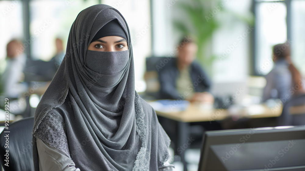 Woman in burqa working at office desk. Woman in burqa working at office desk.