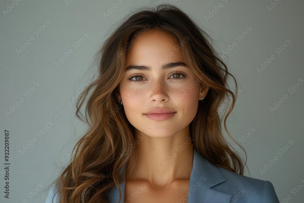 Fototapeta premium confident businesswoman in powder blue suit exuding elegance and authority soft studio lighting enhances her warm smile professional headshot with clean white background