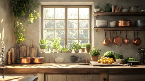 Rustic farmhouse kitchen, warm earthy tones, wooden countertops, vintage copper pots, fresh produce, natural light streaming through windows, cozy atmosphere.