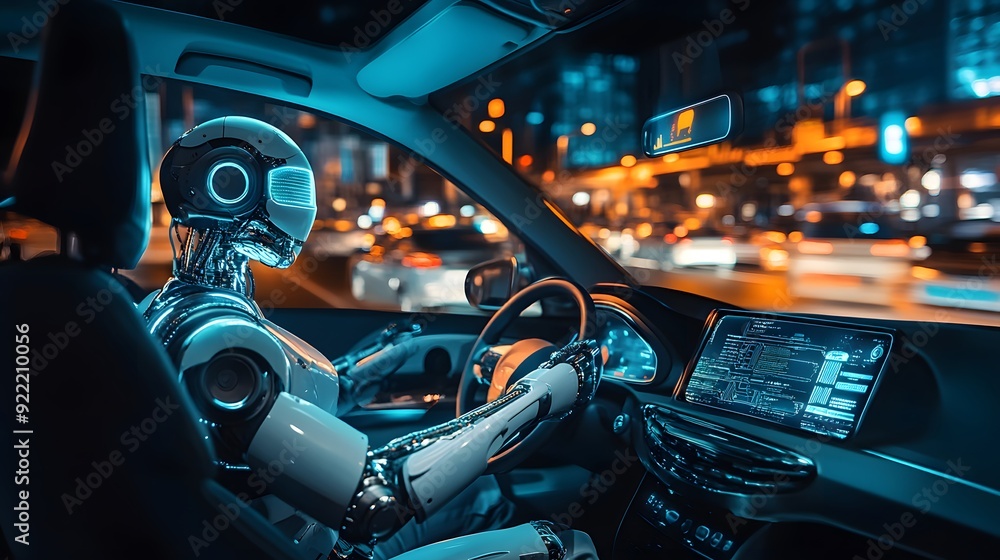 Futuristic Robot Driving Autonomous Car in Bustling City Street Futuristic Robot Driving Autonomous Car in Bustling City Street