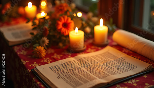 A festive Shavuot table adorned with candles and flowers, symbolizing the joyous Jewish tradition of receiving the Torah, set in a warm, inviting scene.