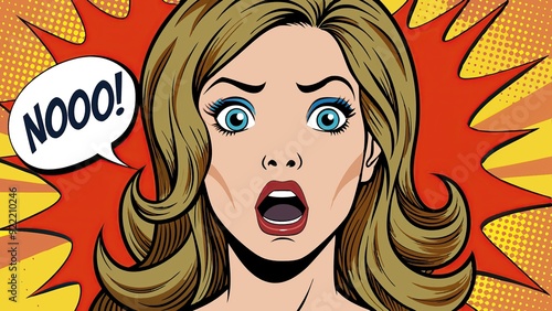 Surprised comic style woman exclaims no with dramatic expression photo