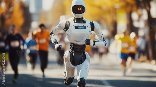 Futuristic Robot Running in a City Marathon Event