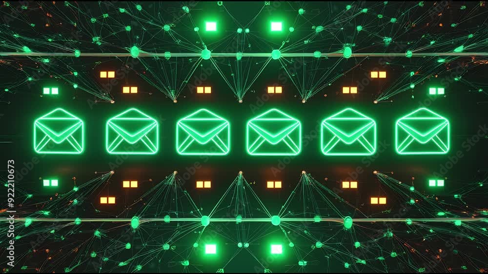 Stylized Envelope Icons in Horizontal Line with Neon Green Illumination ...