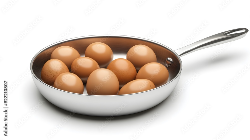 Stainless steel frying pan with handle, several brown eggs inside, crisp focus, studio lighting, pure white background, product photography. Stainless steel frying pan with handle, several brown eggs inside, crisp focus, studio lighting, pure white background, product photography.