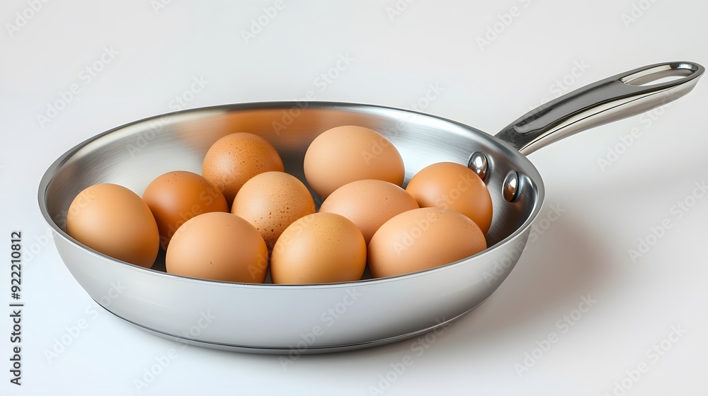 Stainless steel frying pan with handle, several brown eggs inside, crisp focus, studio lighting, pure white background, product photography. Stainless steel frying pan with handle, several brown eggs inside, crisp focus, studio lighting, pure white background, product photography.