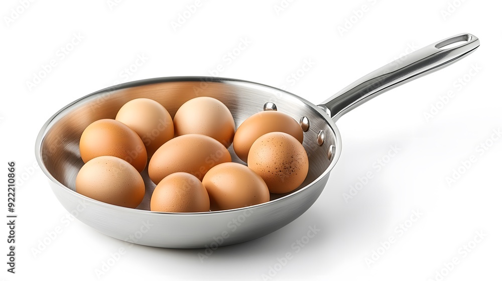 Stainless steel frying pan with handle, several brown eggs inside, crisp focus, studio lighting, pure white background, product photography. Stainless steel frying pan with handle, several brown eggs inside, crisp focus, studio lighting, pure white background, product photography.