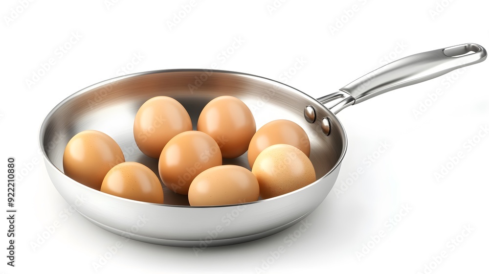 Stainless steel frying pan with handle, several brown eggs inside, crisp focus, studio lighting, pure white background, product photography. Stainless steel frying pan with handle, several brown eggs inside, crisp focus, studio lighting, pure white background, product photography.