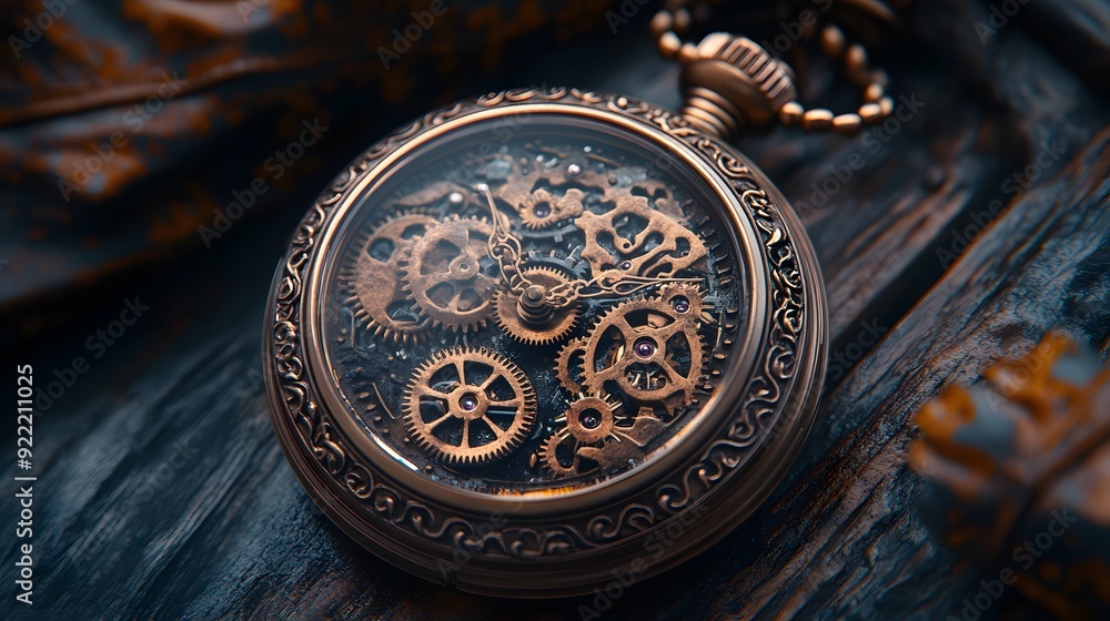 Steampunk pocket watch, intricate brass gears, antique patina, leather strap, Victorian-inspired design, warm copper tones, studio product photography. Steampunk pocket watch, intricate brass gears, antique patina, leather strap, Victorian-inspired design, warm copper tones, studio product photography.