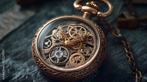 Steampunk pocket watch, intricate brass gears, antique patina, leather strap, Victorian-inspired design, warm copper tones, studio product photography. photo