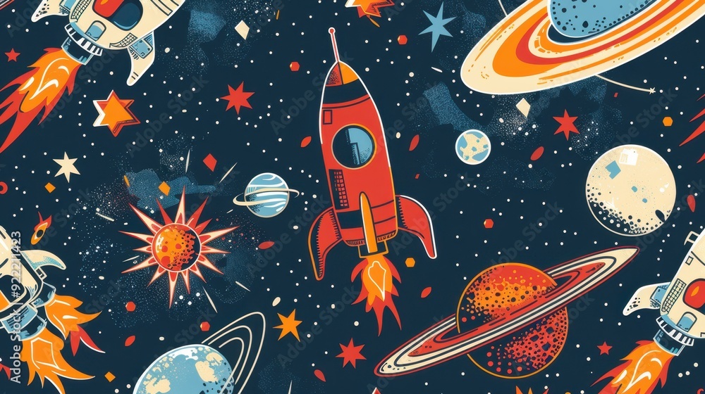 Fototapeta premium Vibrant rocket ships travel through a colorful cosmic landscape with planets and twinkling stars