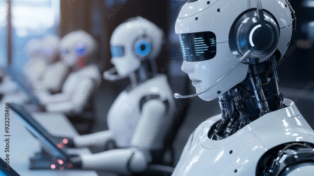 AI-powered chatbots providing customer service in a call center, with agents monitoring and intervening when needed AI-powered chatbots providing customer service in a call center, with agents monitoring and intervening when needed