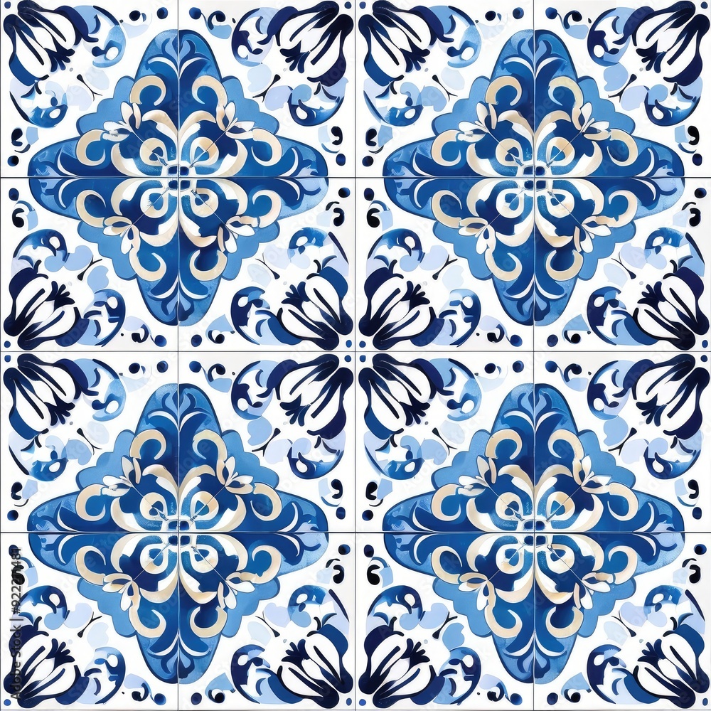 A blue and white patterned tile with blue and white flowers