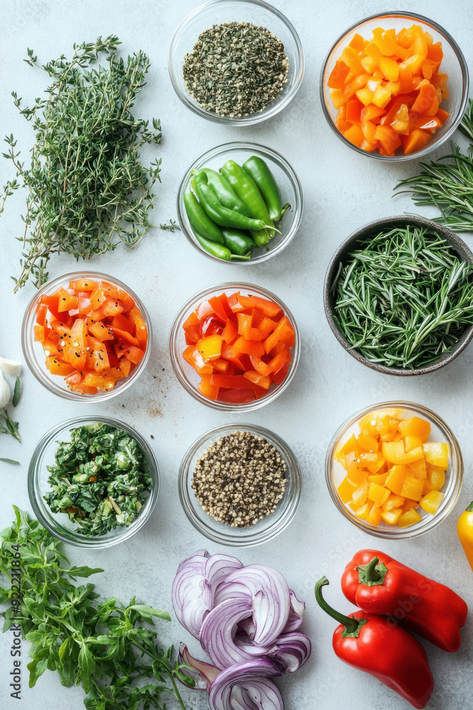 meal kit, A beautifully presented meal kit atop a light pastel surface, with vibrant ingredients such as peppers and herbs visible in their containers. Alongside, a printed recipe meal kit, A beautifully presented meal kit atop a light pastel surface, with vibrant ingredients such as peppers and herbs visible in their containers. Alongside, a printed recipe