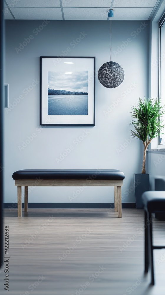 Fototapeta premium A modern waiting area featuring a sleek bench, framed art, and indoor plants, perfect for creating a calm atmosphere.