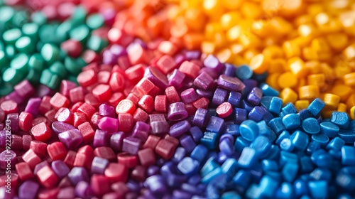 Vibrant multicolored plastic pellets, rainbow spectrum, macro photography, high detail, textured surface, saturated colors, sorted by hue, glossy finish, industrial materials.