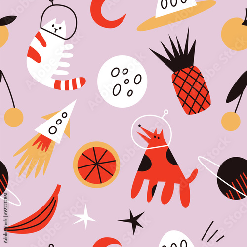 Vector seamless pattern with space, animals and fruits. Modern design for fabric and paper, surface textures. 