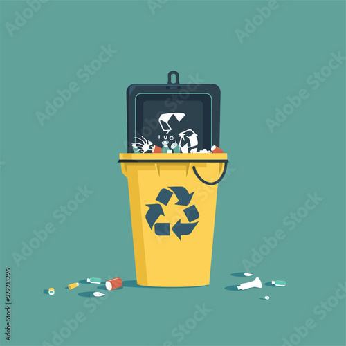 Overflowing recycling bin with scattered items