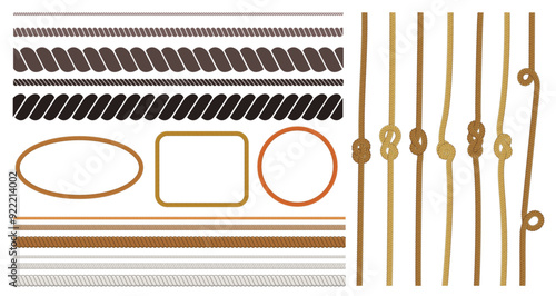 Set of straight and wavy rope, black and colored silhouette and outline. Rope symbol seamless pattern. Flat vector illustration isolated on white background. Vector cartoon, growth textile wavy lines.
