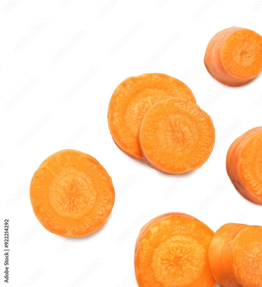 Slices of fresh ripe carrot isolated on white, top view Slices of fresh ripe carrot isolated on white, top view