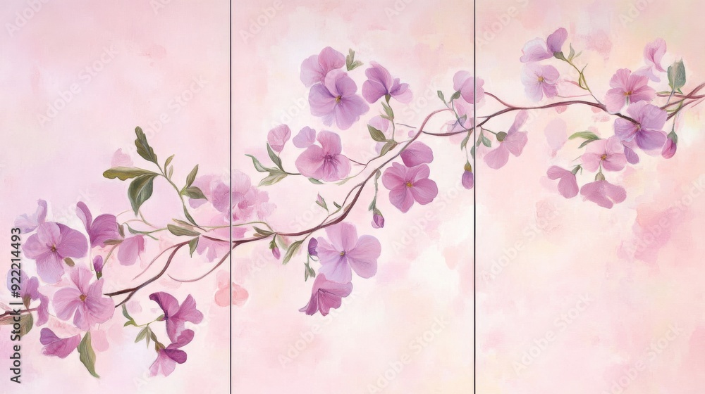Set of 3 wall art panels with delicate sweet pea vines entwined with blossoms, painting on a pale pink background, close up, split into three on white background Set of 3 wall art panels with delicate sweet pea vines entwined with blossoms, painting on a pale pink background, close up, split into three on white background