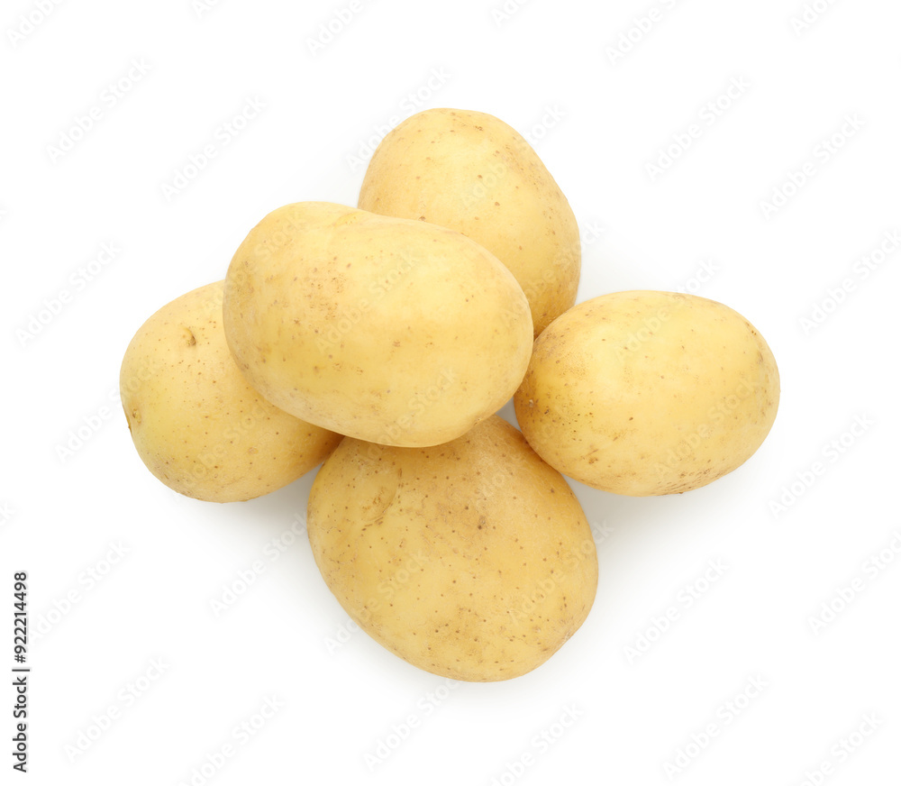 Pile of young fresh potatoes isolated on white, top view Pile of young fresh potatoes isolated on white, top view