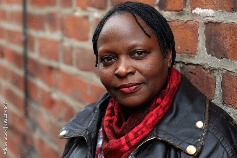 Confident African woman smiling brick wall backdrop Confident African woman smiling brick wall backdrop