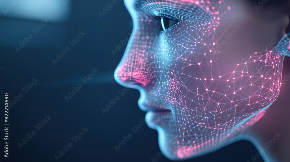 AI Face recognition, A female face illuminated by vibrant wireframe graphics, showcasing advanced AI face scan technology. The glowing lines and shapes create an ethereal look as AI Face recognition, A female face illuminated by vibrant wireframe graphics, showcasing advanced AI face scan technology. The glowing lines and shapes create an ethereal look as