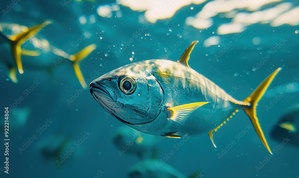 Fototapeta premium Ławica kolorowych rybek pływających z gracją w oceanie, tworzących piękną podwodną przestrzeń do kopiowania