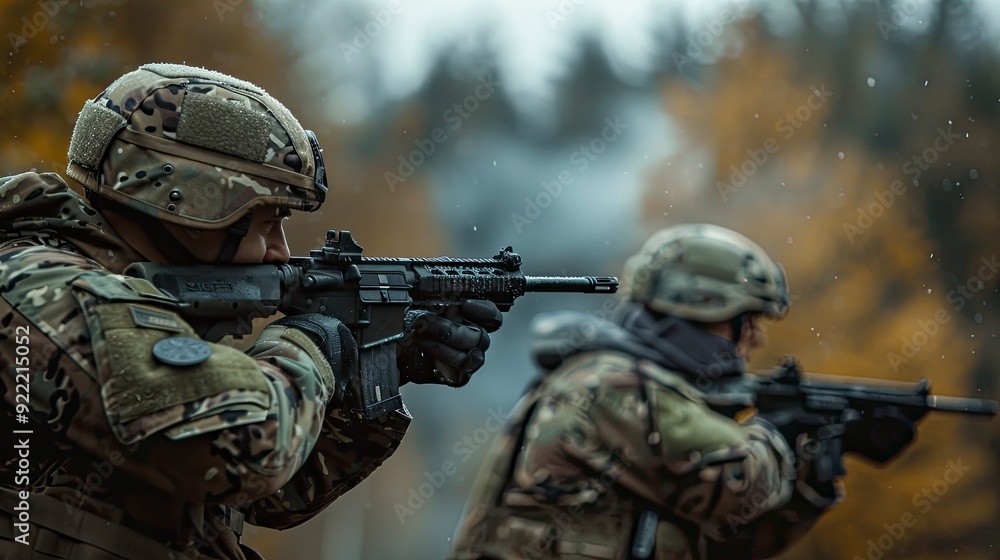 An action-packed scene showing a pair of military personnel practicing with semi-automatic pistols at a shooting range, focusing on their technique and precision in a controlled environment An action-packed scene showing a pair of military personnel practicing with semi-automatic pistols at a shooting range, focusing on their technique and precision in a controlled environment