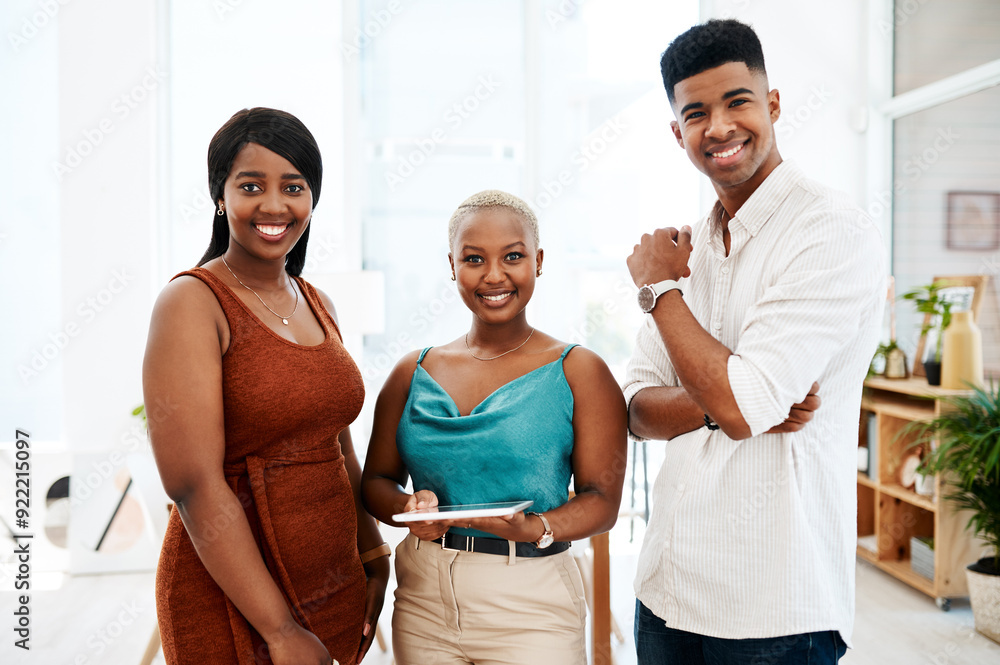 Fototapeta premium Employees, tablet and teamwork for media in portrait, colleagues and review market research. Staff, collaboration and plan press release or building online presence, support and together in office