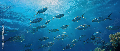 Shoal of colorful jack fish swimming gracefully in the ocean creating a beautiful underwater copy space