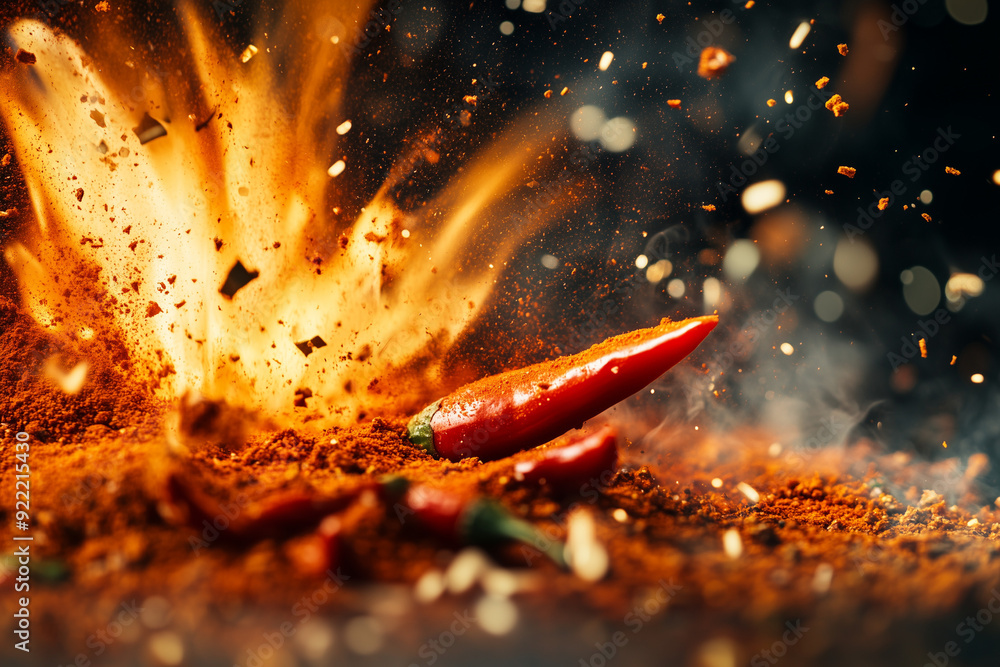Fototapeta premium Red hot chilli pepper explosion with chilli flake and fire for commercial.