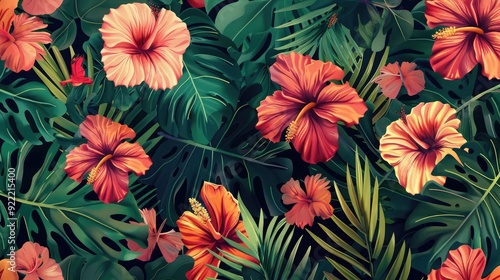 Exotic seamless pattern of lush tropical flowers.