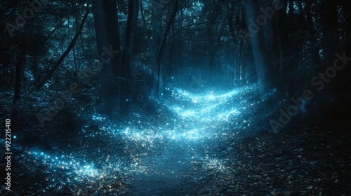 Haunted forest trail, holographic apparitions, eerie glow, futuristic ambiance