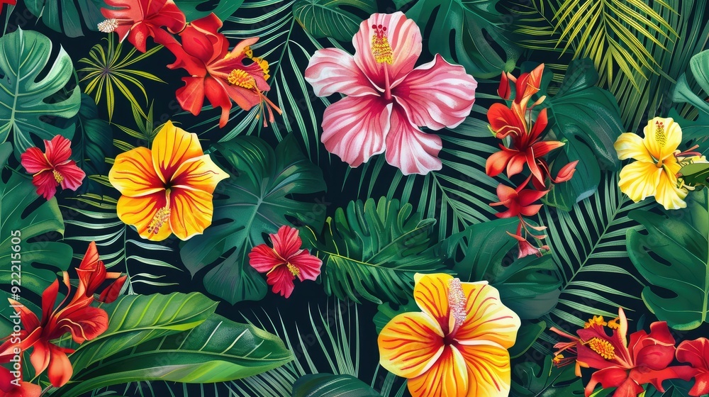 Exotic seamless pattern of vibrant tropical flora. Exotic seamless pattern of vibrant tropical flora.